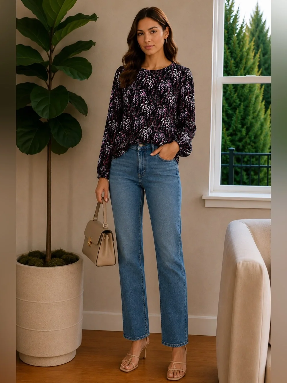 J. Crew floral long sleeve blouse black purple lightweight sz Large